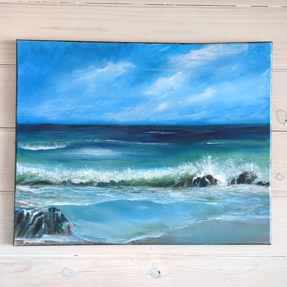 Original New Acrylic Painting Blue Seascape Wave Crashing on Rock 20X16 Canvas